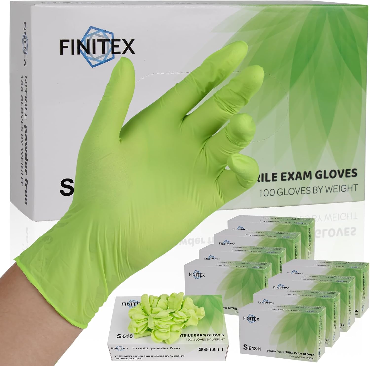 FINITEX Nitrile Disposable Gloves - Green 3.5mil 100/1000PCS Powder-Free Latex-Free Medical & Food Use