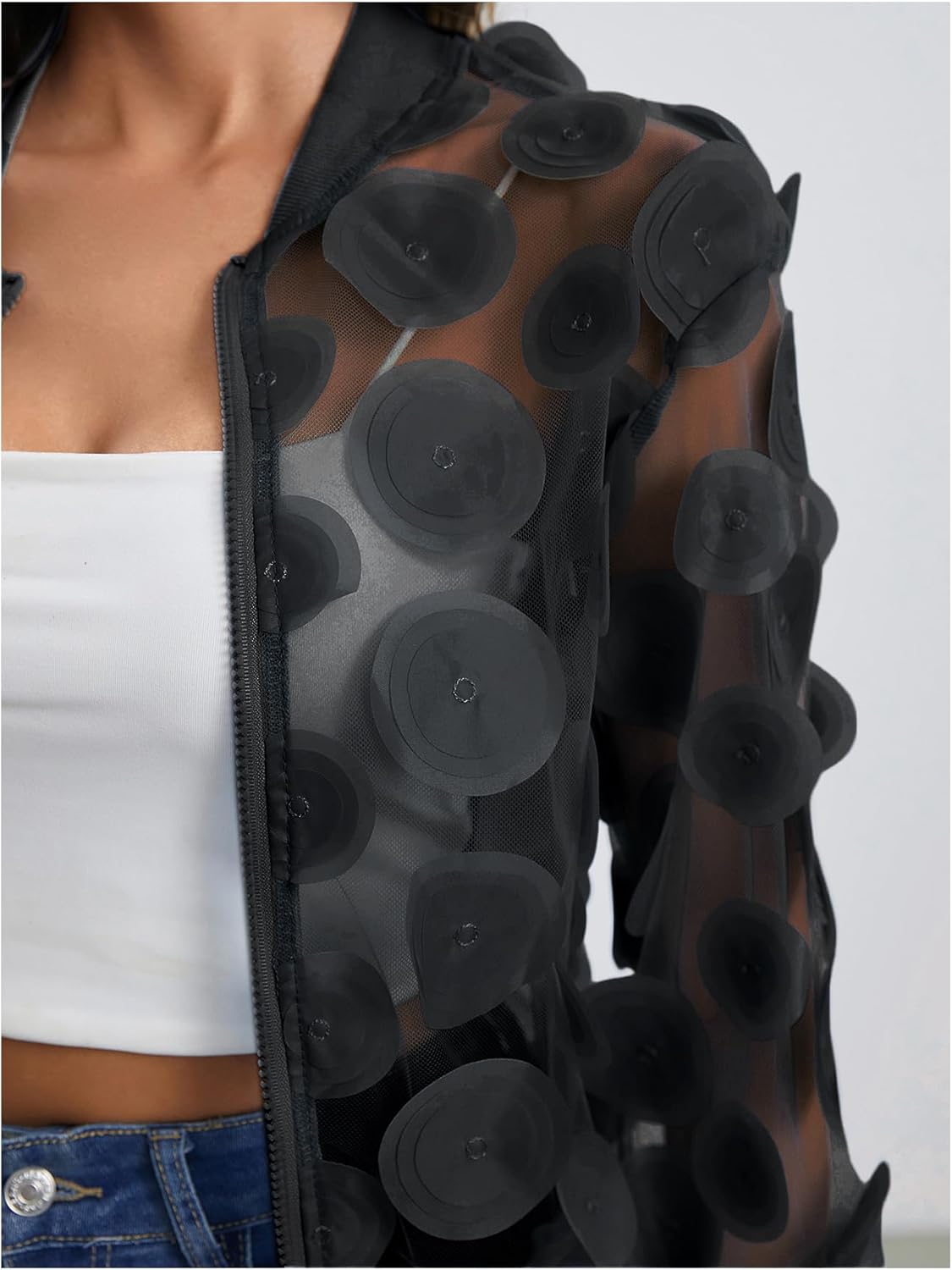 Floerns Women's Sheer Mesh Zip Up Bomber Jacket Long Sleeve Baseball Collar Outwear Tops - Image 5