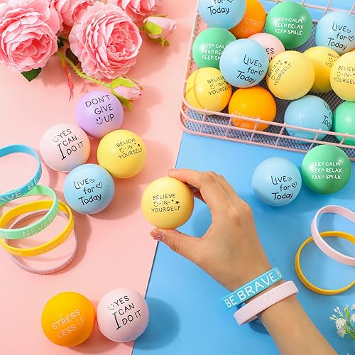 Miniatura 4 de 72 bolas motivacionales para el estrés, regalos de graduación, recuerdos de fiesta, incluye 36 mini bolas de espuma de 1.97 pulgadas y 36 pulseras