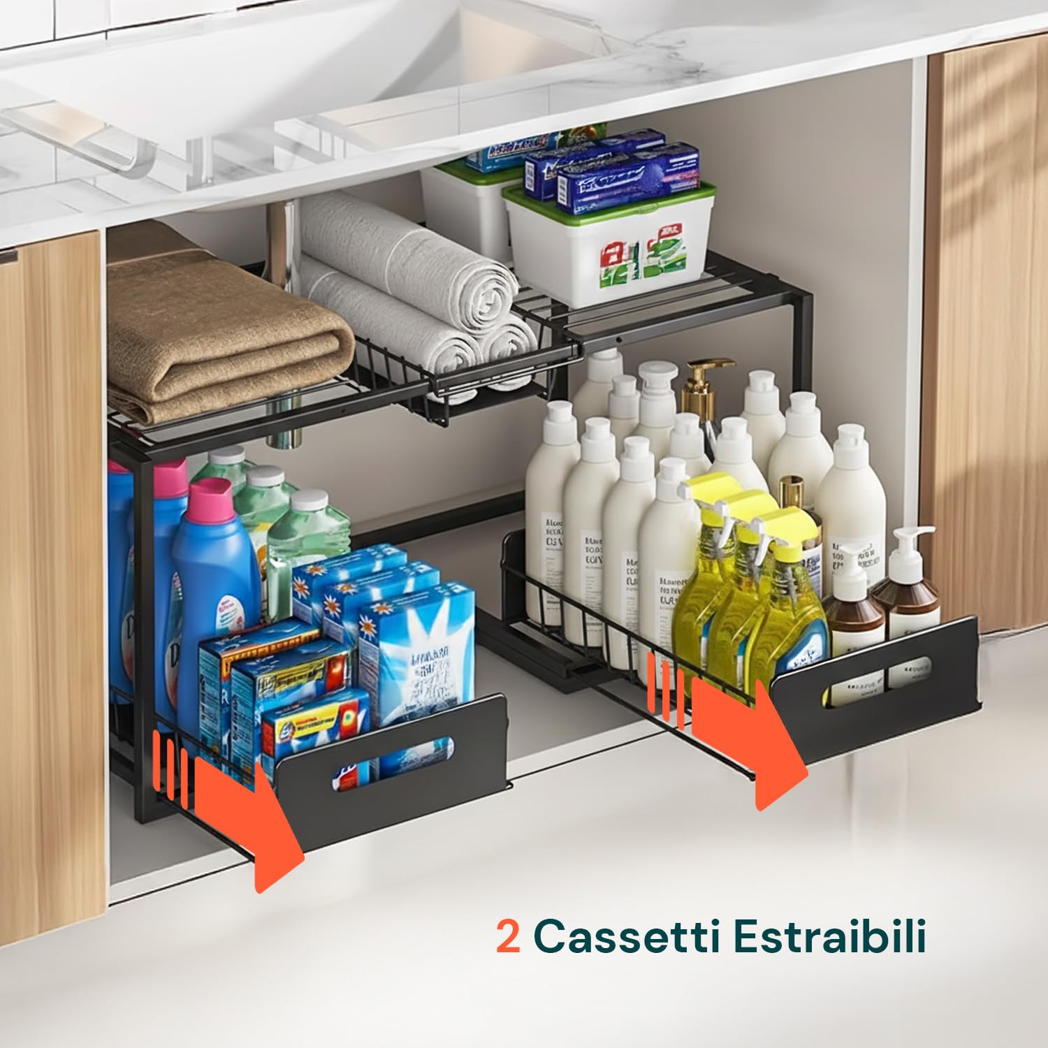 Wintem - Organizer Sottolavello Cucina Espandibile in Acciaio con 2 Cassetti Estraibili, Scaffale Salvaspazio Regolabile per Lavello, Mobile Cucina, Bagno e Lavanderia, Montaggio Facile