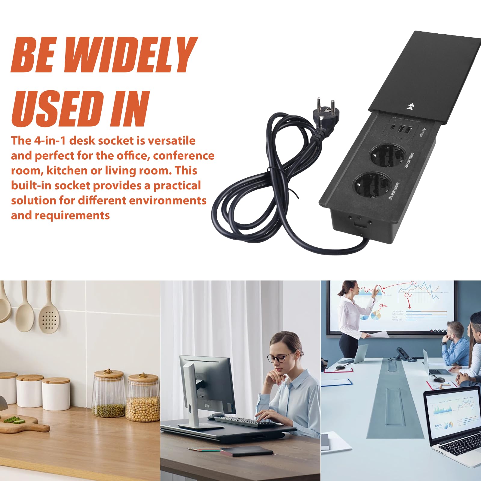 Gniazdko stołowe 4 w 1: gniazdko do zabudowy z 2 USB A i 1 typ C, aluminiowy blat, przesuwna pokrywa