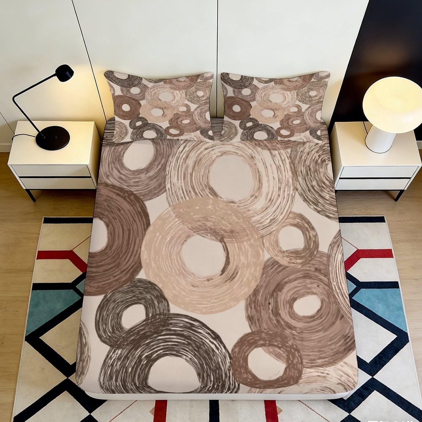 3D Printed Abstract Circles Fitted Sheet Microfiber Soft Breathable Geometric Rings Mattress Cover for Bedroom Dormitory Guest Room Mattress Protection 90x200x25cm