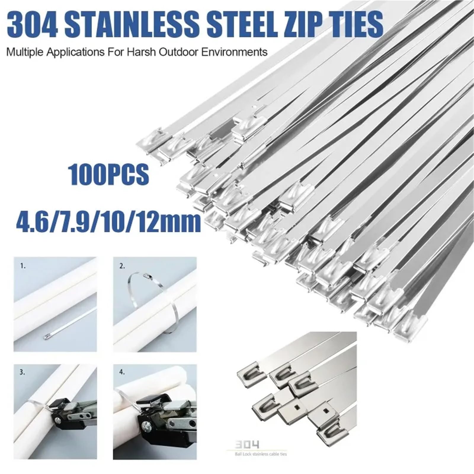 Fascette metalliche, 100 pezzi da 4,6/7,9/10/12 mm, fascette in acciaio inossidabile 304, fascette metalliche multiuso, adatte for fascette avvolgenti per fili, cavi(12mm(0.47inch),300mm(11.81inch))