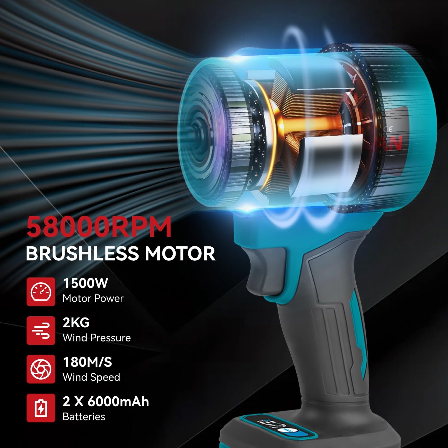 ONEVAN Turbo Gebläse Akku, 648km/h Bürstenloser Turbo Fan, 2×6.0Ah Akkus, Ladegerät, Blaskraft 2 KG, Elektrisches Handgebläse