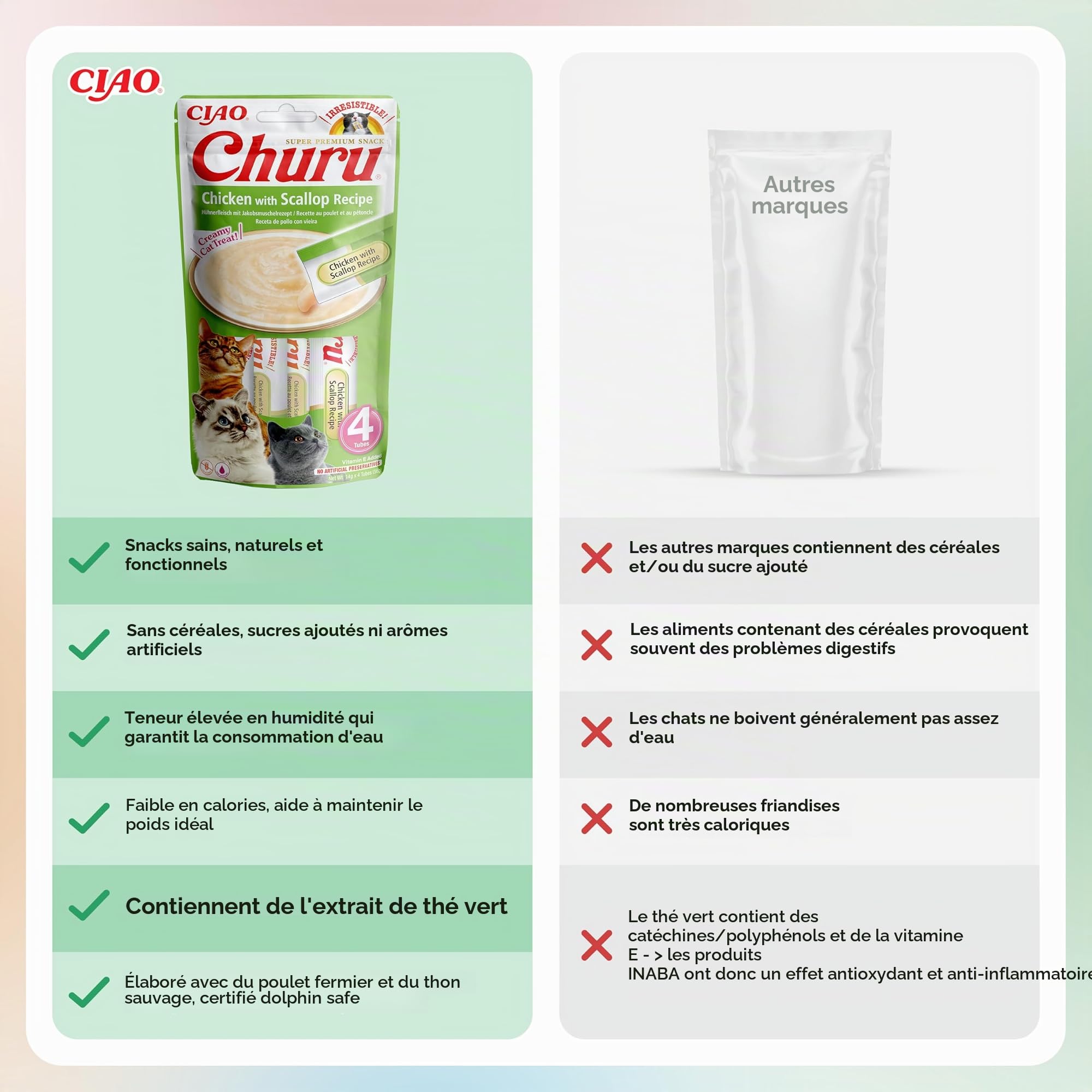 INABA Churu, Friandises pour Chats, Tube Crémeux, Poulet & Pétoncle, 48x14g | Délicieux Snacks à Lécher pour Félins, Texture Lisse et Onctueuse, Ingrédients Premium, Faible en Calories, Stick Liquide