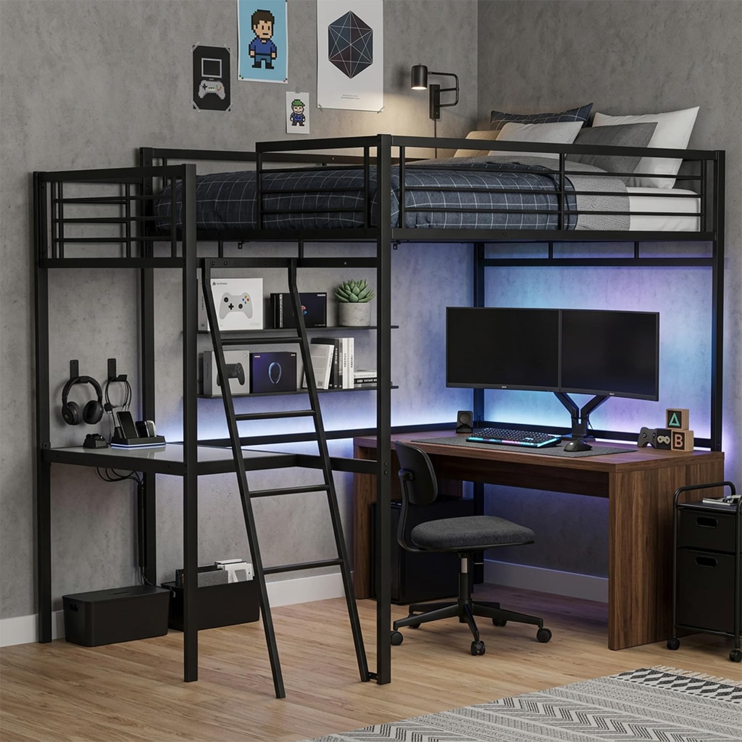 Meubles Cosy Lit Mezzanine 2 Places 140x190cm avec Bureau, Noir