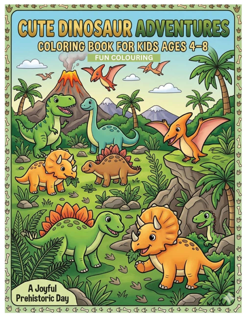 Cute Dinosaur Adventures Coloring Book for Kids Ages 4–8: Fun and Easy Coloring Pages with Cute Dinosaurs, Volcanoes, Fossils, and Adventure Scenes