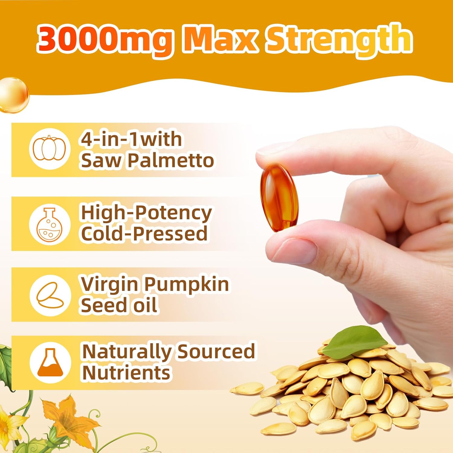 4-in-1 Pumpkin Seed Oil 3000mg with Saw Palmetto & Vitamin D3 – Cold Pressed Softgels for Hair, Prostate & Bladder Wellness – Non-GMO, 300 Capsules (100-Day Supply) - Image 5
