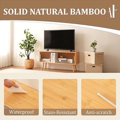 Miniatura 6 de Soporte de TV de bambú para televisores de hasta 50 pulgadas, centro de entretenimiento con 2 puertas corredizas de acrílico para consola de juegos,