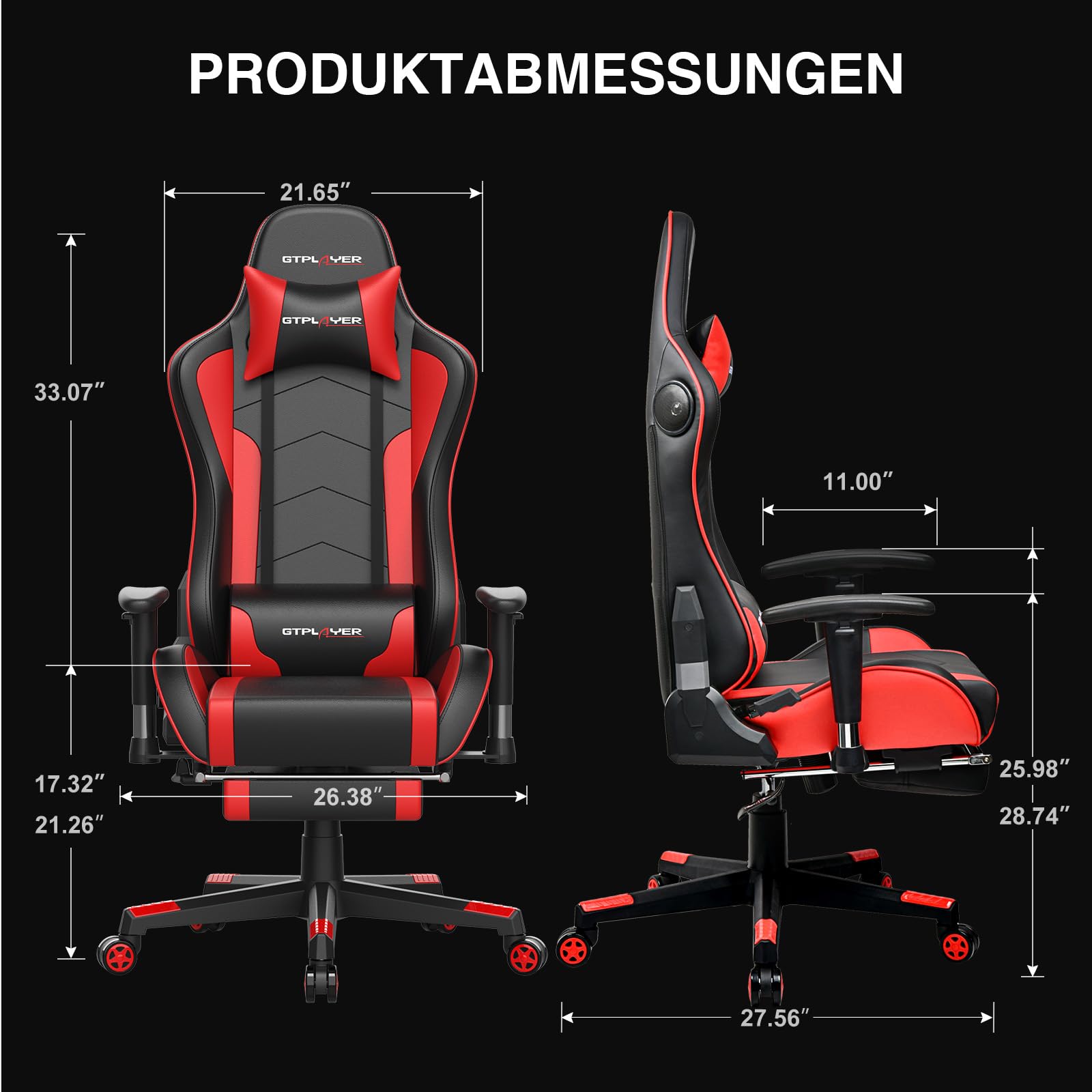 GTPLAYER Gaming Stuhl mit Fußstützen Lautsprecher Bluetooth, Gamer Stuhl Ergonomischer Computerstuhl Bürostuhl Schreibtischstuhl PC Stuhl mit 3D-Armlehnen, 200KG, Rot