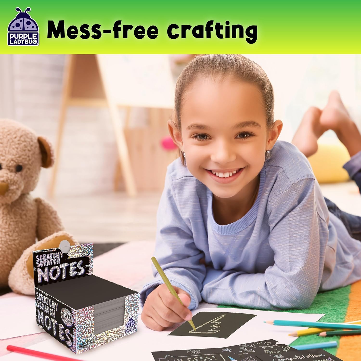 PURPLE LADYBUG Scratch Art Notes for Kids and Teens - 150 Sheets - Easter Basket Fillers, Kids Arts and Crafts, Birthday Present for Girls and Boys, Easter Crafts Activity (Silver Holographic)