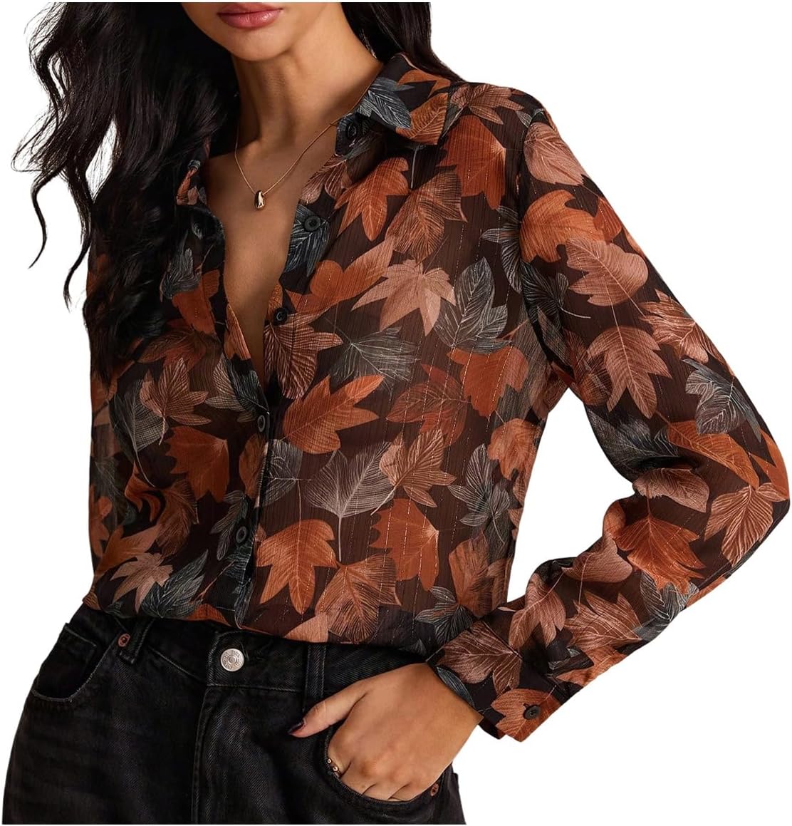 SweatyRocks Women's Floral Print Button Down Blouses Long Sleeve Sheer Mesh Dressy Casual Tops Work Shirts - Image 6