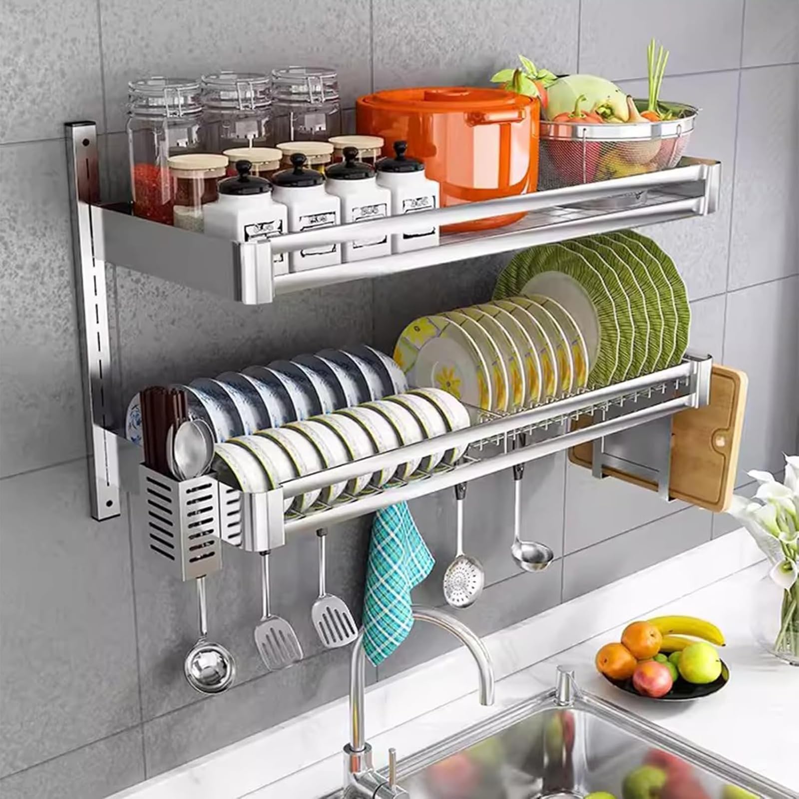 Escurridor De Platos Colgante De Montaje En Pared,con Bandeja De Goteo,estante Para Cubiertos Y Soporte Para Tabla De Cortar,estante De Cocina De Acero Inoxidable De 2 Niveles(Size:23.6x11.8x19.7in)