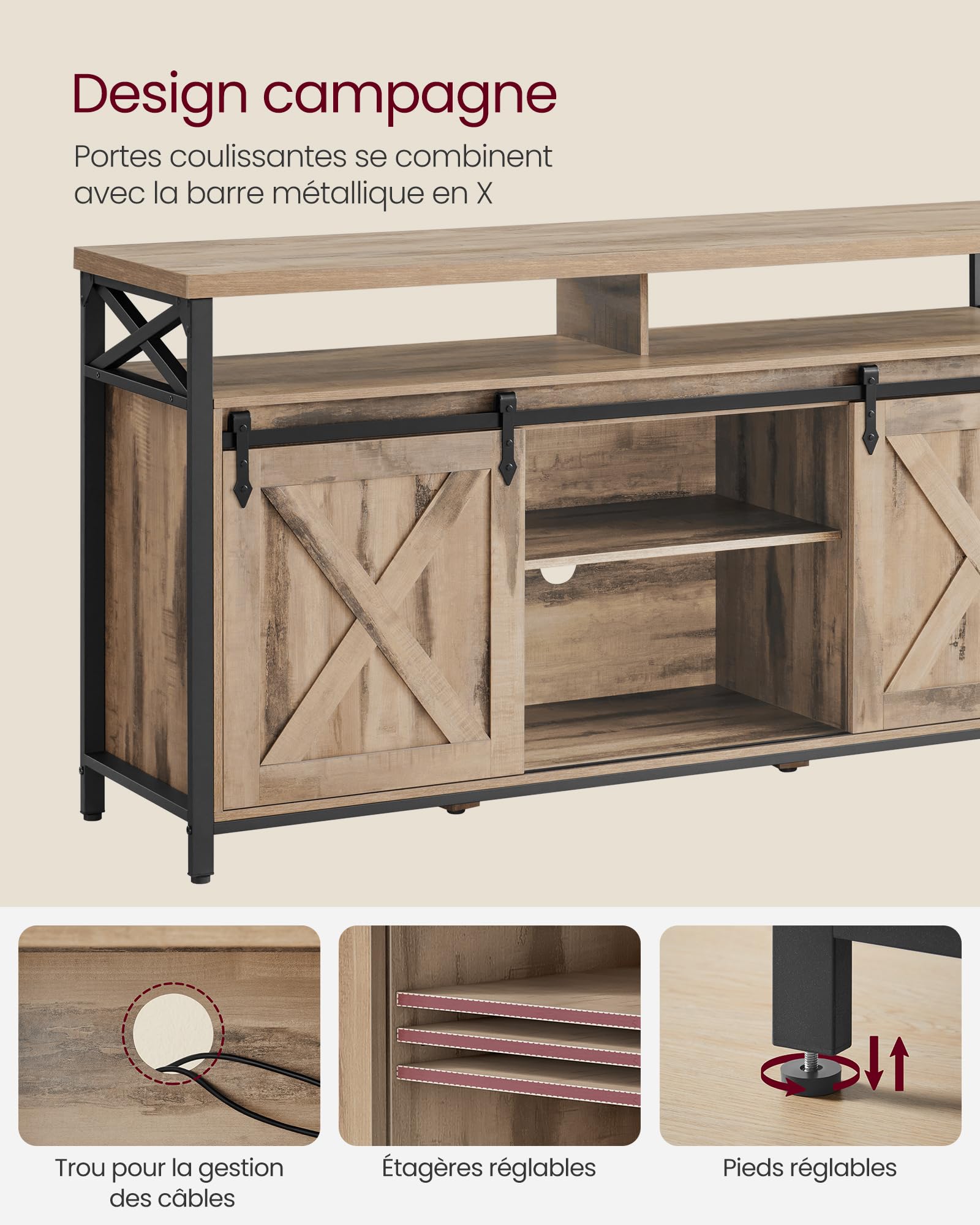 VASAGLE Meuble TV, Support pour Téléviseur Jusqu’à 65 Pouces, avec Étagères Réglables, Portes Imitation Grange, Style Rustique, Cadre en Métal, Marron Camel et Noir Simple LTV071B50V1