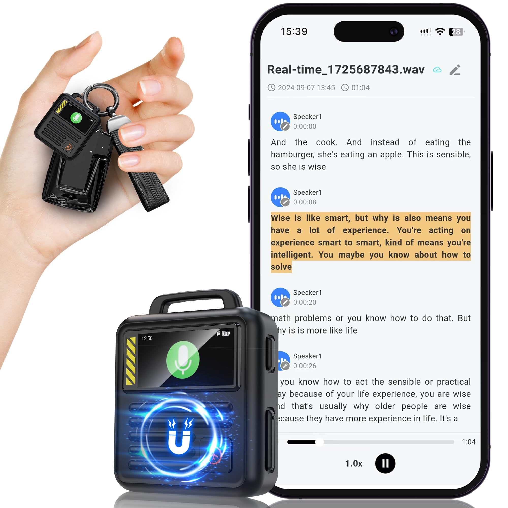 Moresen 16GB(1170Hours) 3072kbps Magnetic AI Voice Recorder APP Control,Transcribe,simultaneous Interpretation Recording Device with Speaker,DSP Noise Reduction Audio Recorder with Password, Black