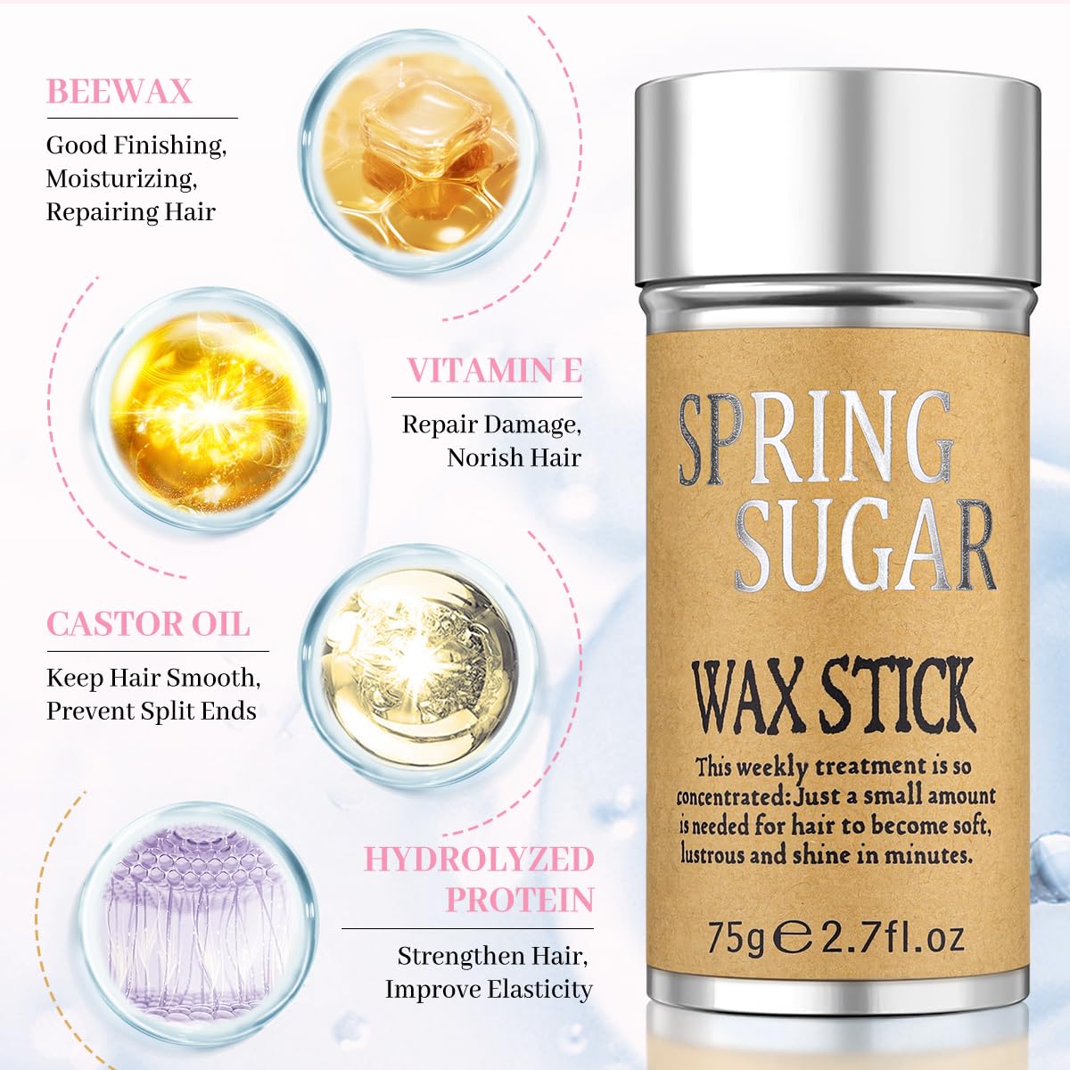 SPRINGSUGAR Hair Wax Stick Set with Edge Brush & Combs for Slick Back Hair | 4-Piece Styling Kit with Nourishing Wax Stick, Edge Brush, Teasing Brush & Rat Tail Comb for Buns, Ponytails Hairs