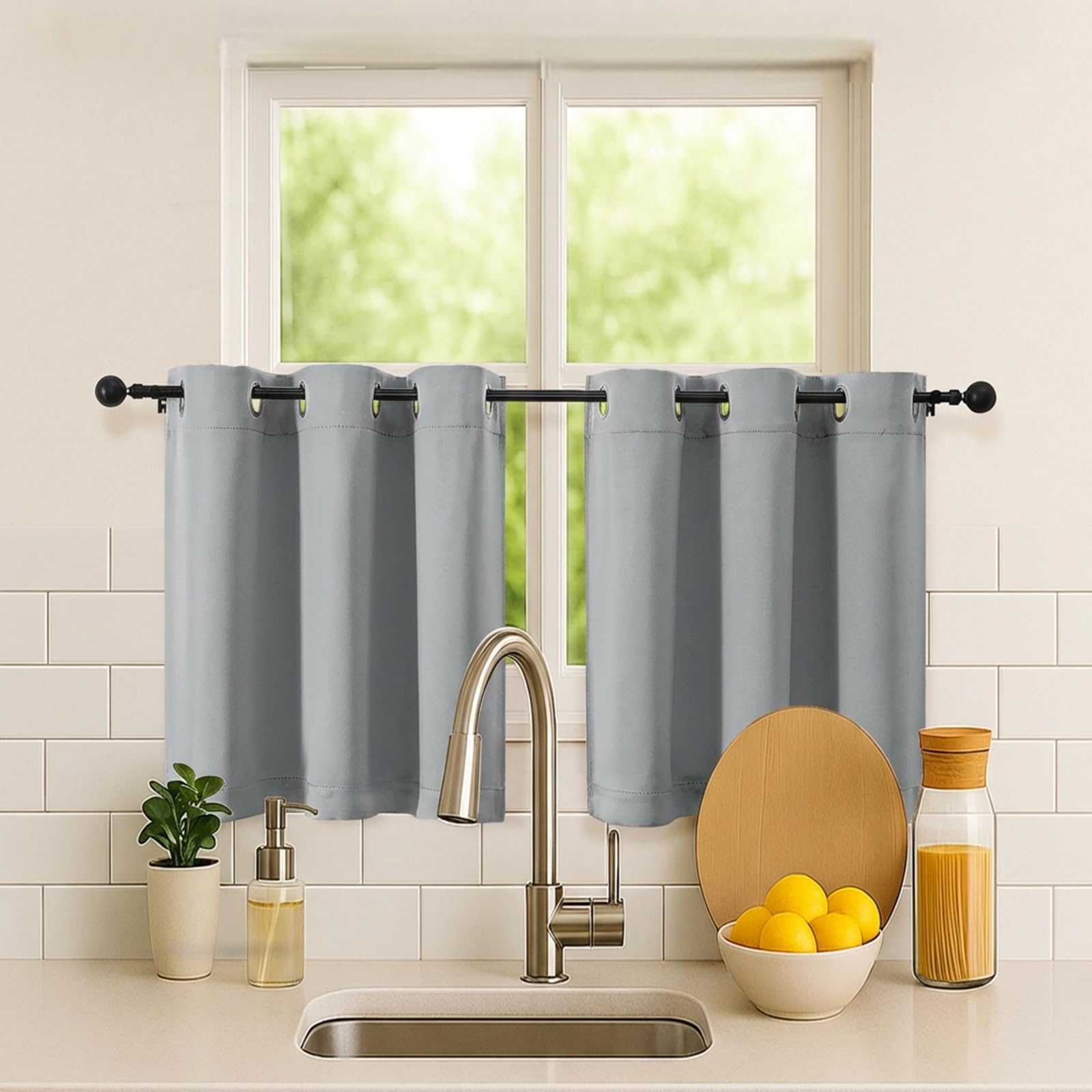 Simplebrand Silver Grey Short Kitchen Curtains 24 Inch Length 2 Panels, Small Windows Room Darkening Curtain for Bathroom, Cabinet, Basement, RV Camper, Thermal Insulated Short Drapes, 40 x 24 Inch