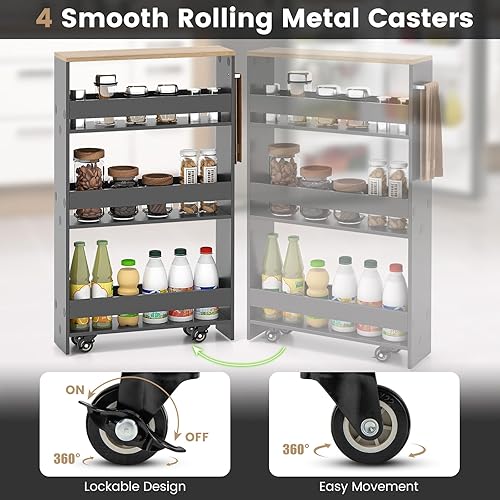 Miniatura 5 de COSTWAY Carrito de almacenamiento delgado con ruedas, carrito utilitario rodante de 4 niveles, carrito de almacenamiento de cocina de madera con asa