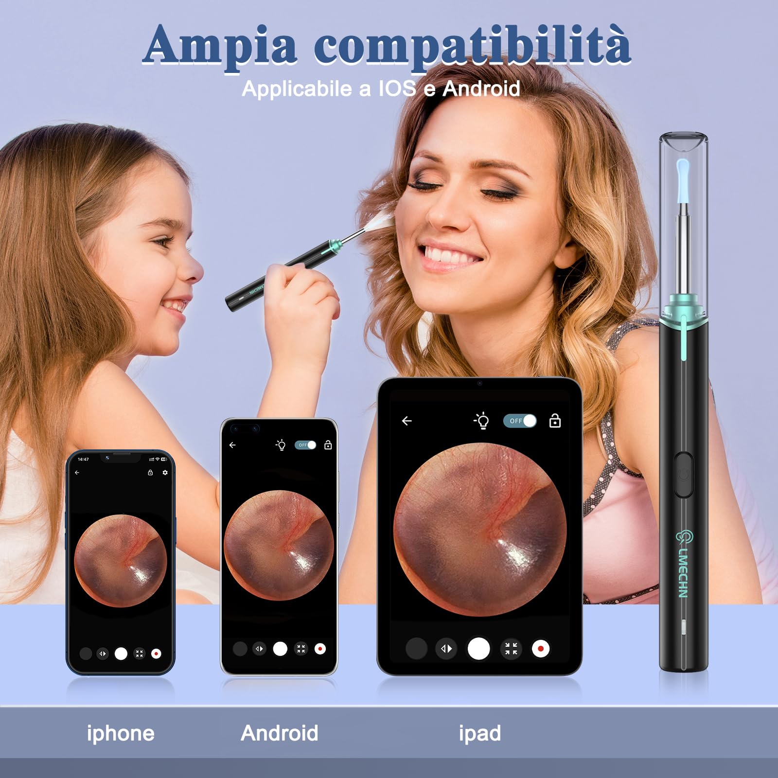 LMEHCN Otoscopio per Pulizia Orecchie - Pulisci Orecchie con Visione 1080P, 6 Luci LED, IP67 Impermeabile, Diametro 3 mm, Compatibile con iPhone iPad e Telefoni Android, Nero