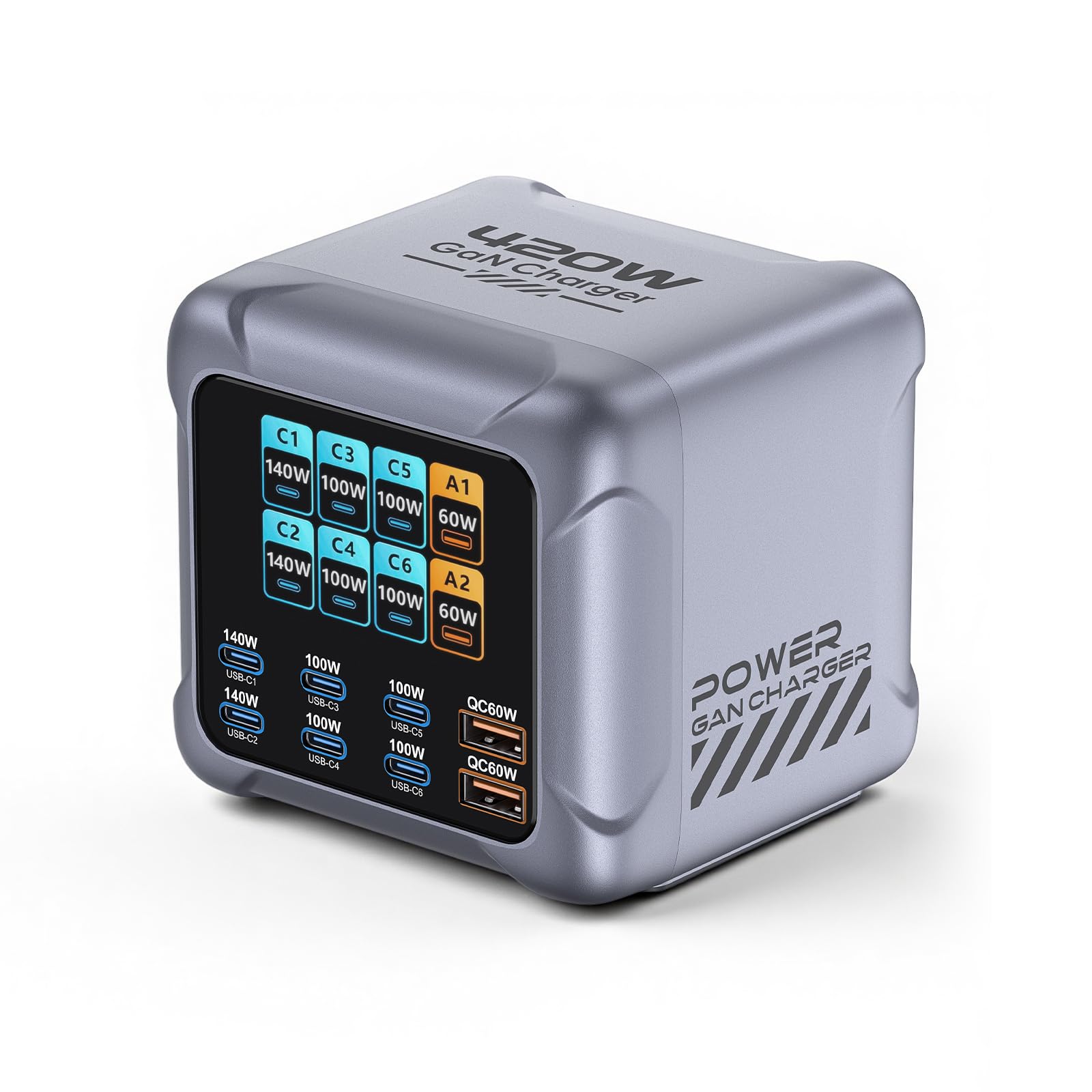 8 in 1 & 420W USB C Ladegerät, LCD-Display Ultra-schnelle GaN Ladestation (6C+2A) Max PD140W/QC60W Ladegerät Mehrfachusb, kompatibel mit iPh0ne 17/16/15, iPads, Android und Tablets (Silber)
