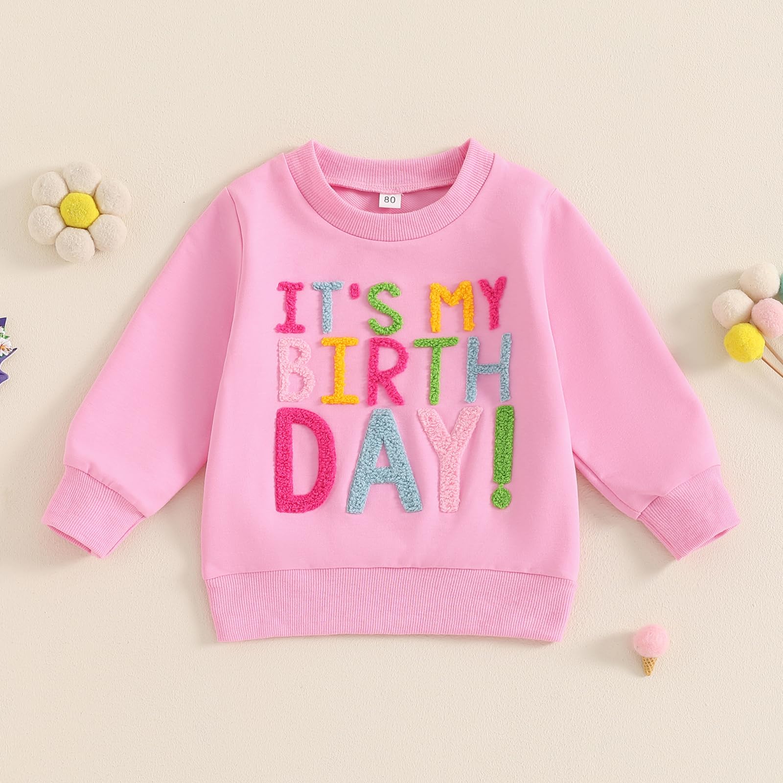 BULINGNA Toddler Baby Girl Birthday Outfit Letters Embroidery Long Sleeve Crew Neck Sweatshirt Infant Spring Pullover (Pink, 4-5 Years)