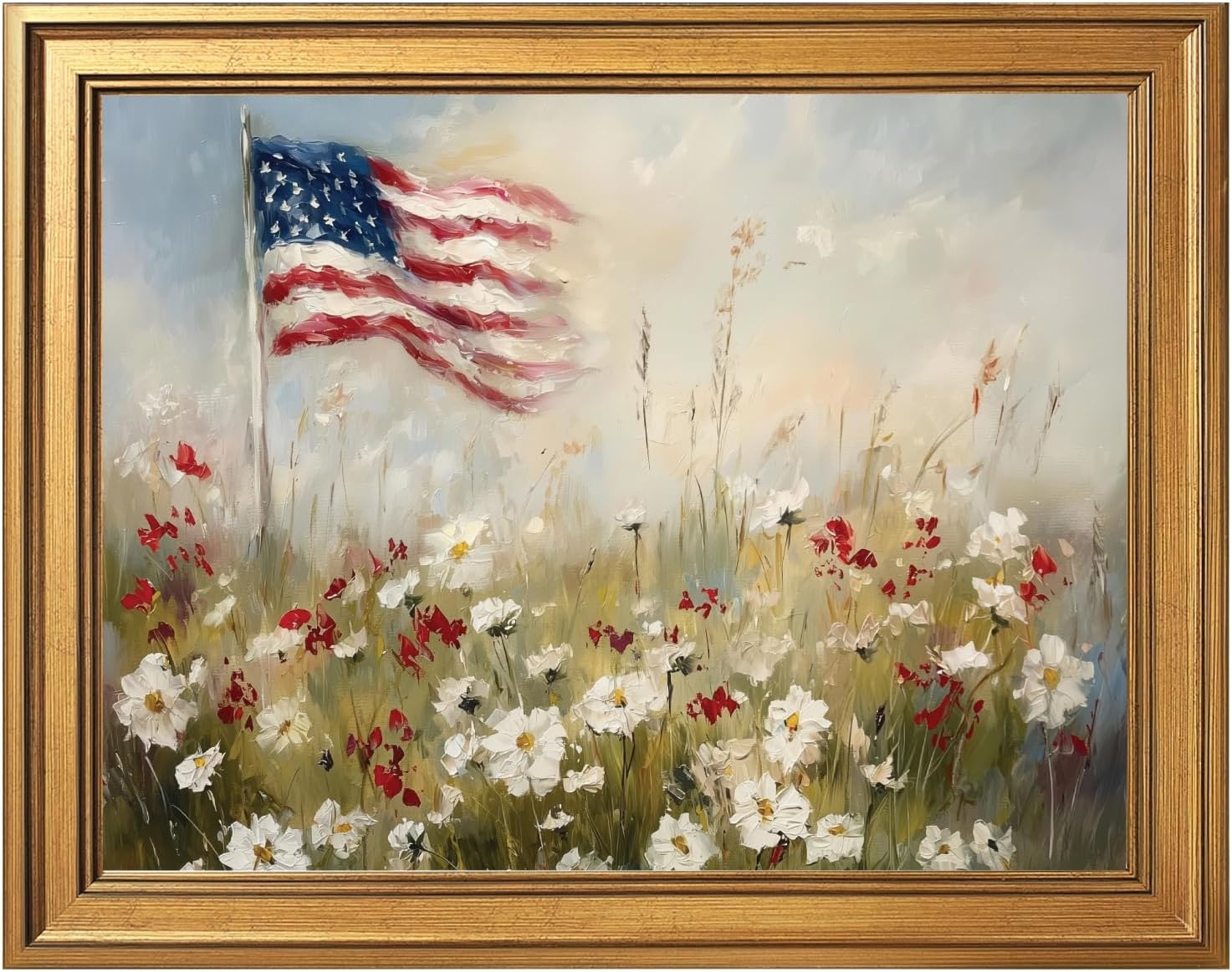 Framed Patriotic Flower American Flag Wall Art Canvas Print Vintage Floral Landscape Painting 4th of July Americana Decor USA Independence Day Artwork Picture for Living Room Office 12x16inch Gold