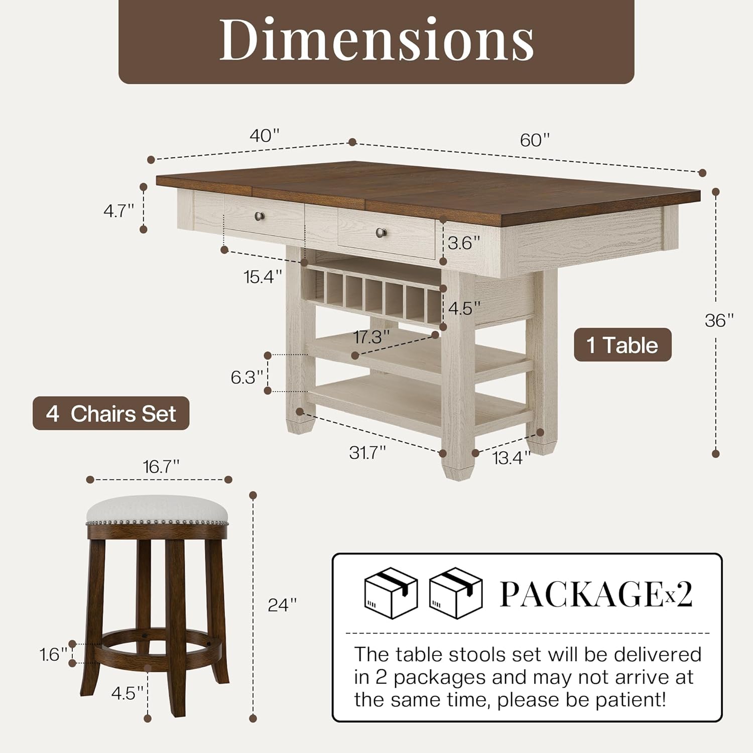 Diagram showing the dimensions of the dining table and stools, and indicating the product ships in two packages.