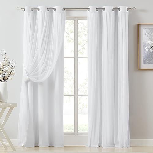 Bujasso White Full Blackout Curtain Panels with Sheer Overlay Mix and Match Double Layer Thermal Insulated Window Treatment Set for Living Room White Drapes with Tiebacks Grommet Top 37" Wx84 Lx2