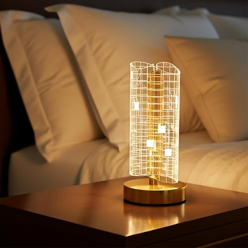 ZAICUS Geometric LED Table Lamp for Bedroom & Living Room | Decorative Warm Light Bedside Night Lamp with Gold Finish Base | Stylish Lighting for Home Decor & Gifting