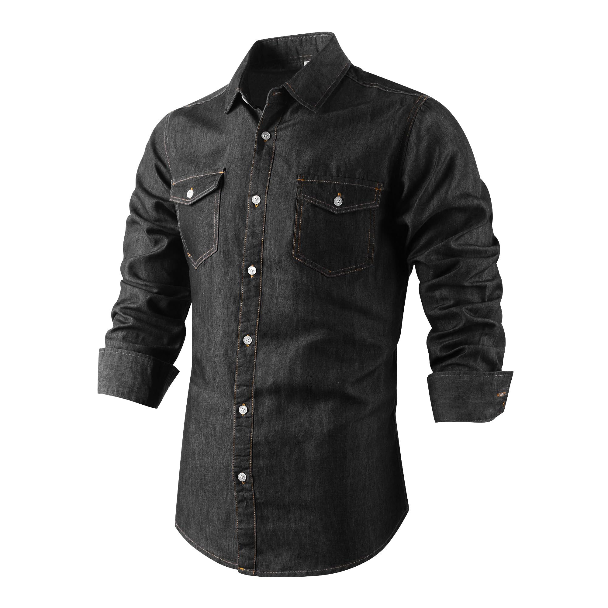 Camicia da uomo in denim misto cotone leggero western cowboy camicia manica lunga casual camicie da lavoro, Nero , 3XL