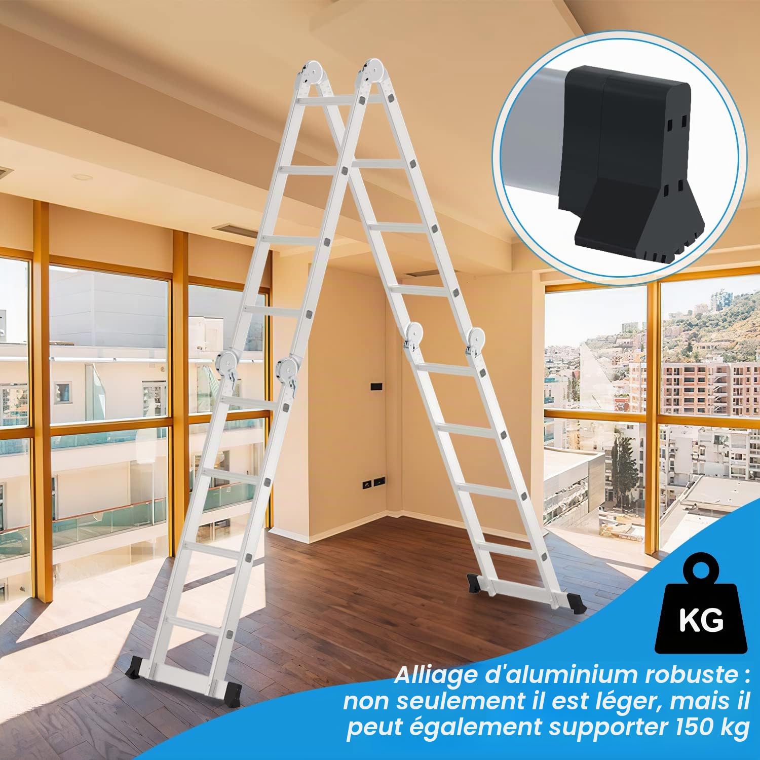 4 x 4 Échelle Multifonction Pliante 470 cm 7 en 1 Échelle Polyvalente en Aluminium avec 2 Plaques d'Échafaudage, Jusqu'à 150 kg, SNOF-8972-M1C
