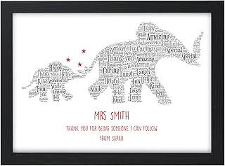 Thank You Teacher Gift Elephants Personalised TA, Nursery, School Leaving Gifts - Thank You Gifts for Teachers, Teaching Assistants - ANY RECIPIENT from ANY NAME - A5, A4 Prints and Frames