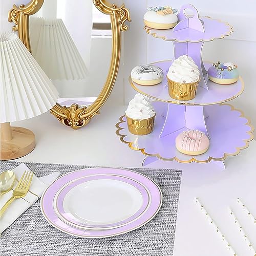 Miniatura 14 de Paquete de 2 soportes de cartón para tartas, 3 niveles de papel para postres redondos para cupcakes, soporte de repostería desechable