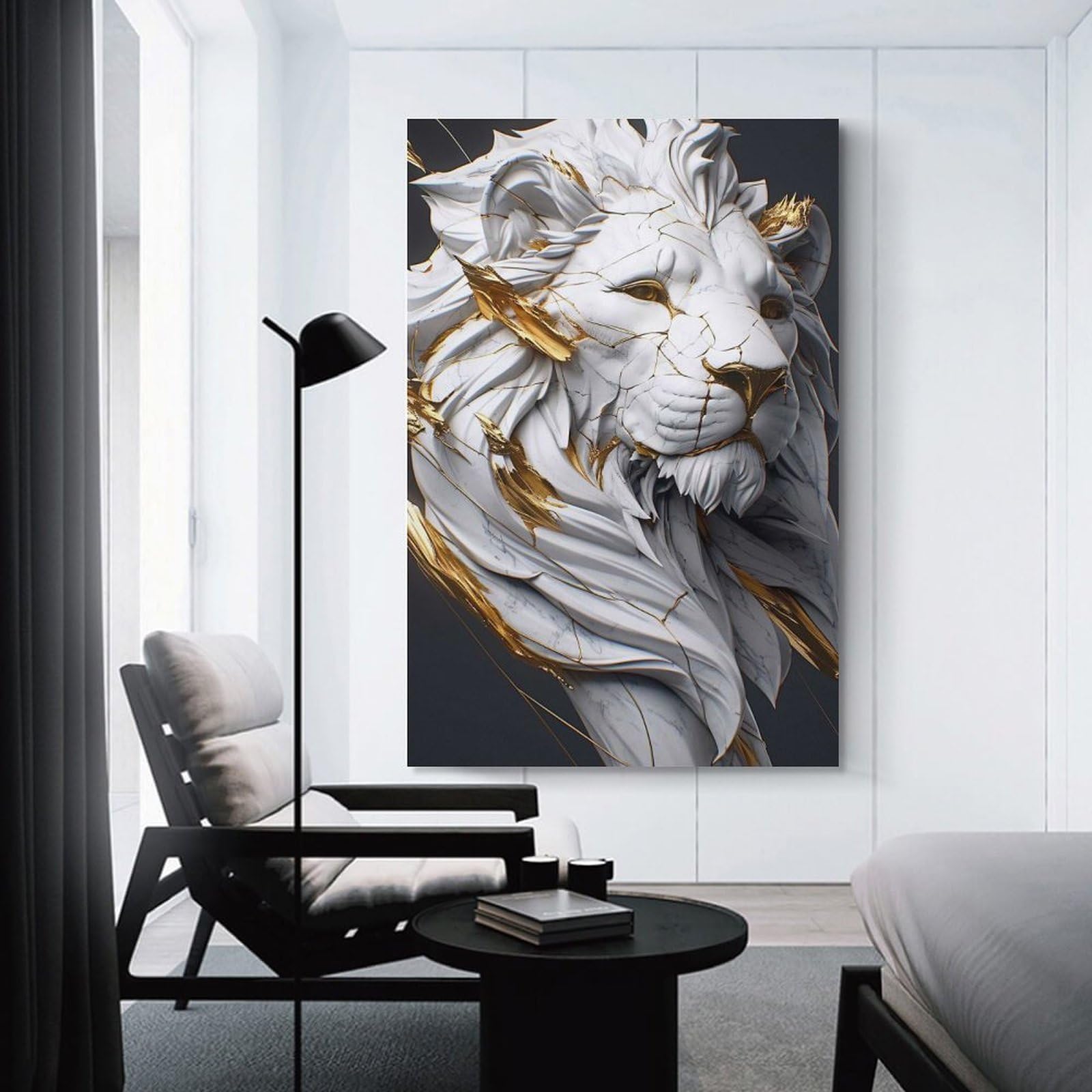 Junmoney Cracked Marble Lion with Gold Accents Wall Decor Canvas Print, 20x30inch(50x75cm), for Living Room, Lounge Or Sitting Room, Easy Decor for Gallery Walls