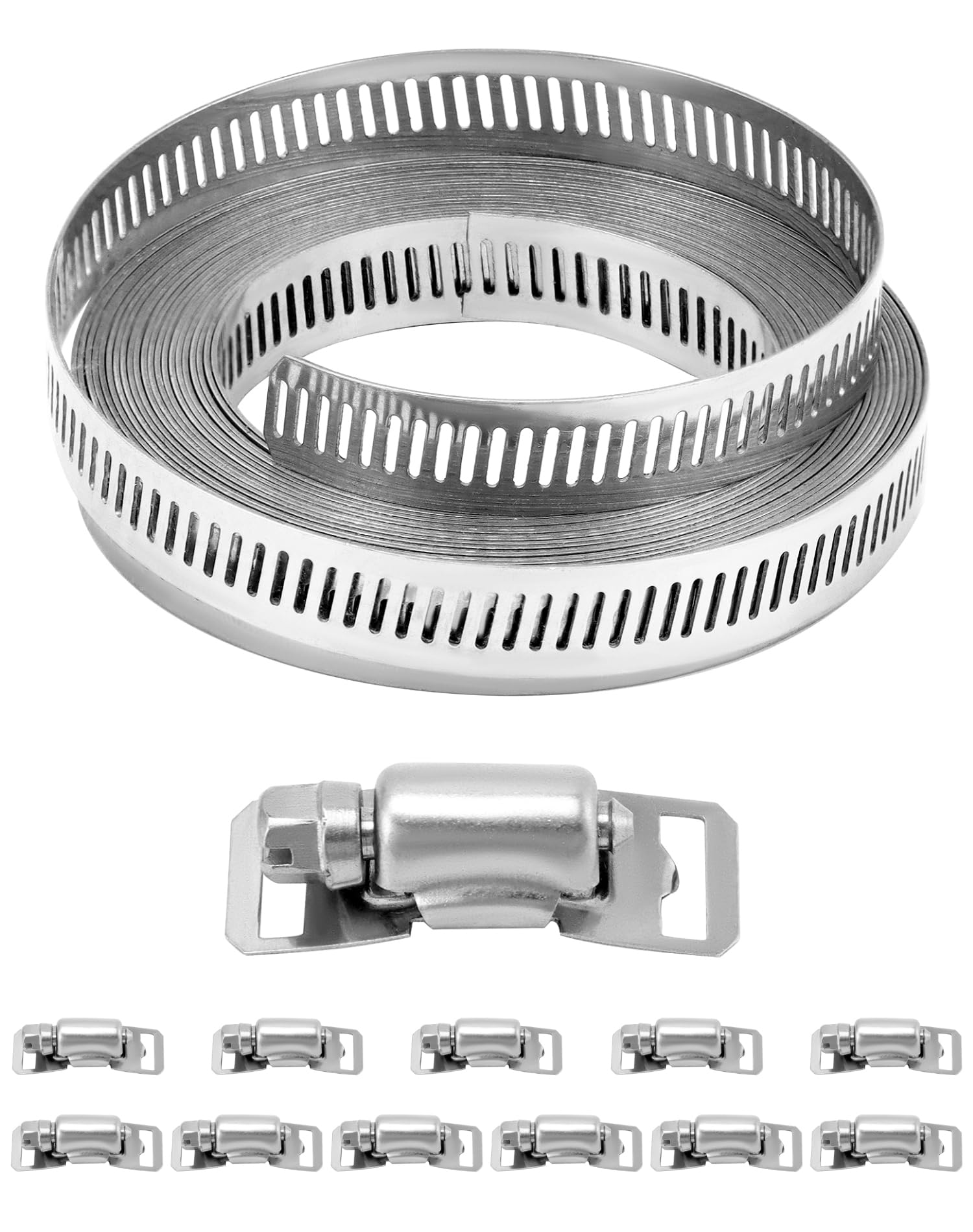 QWORK® Opaski zaciskowe regulowane ze stali nierdzewnej 304, opaski zaciskowe do węży 5m z 12 łącznikami do rur i przewodów paliwowych, rur, kanałów powietrznych