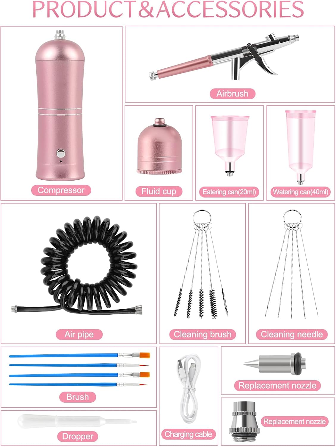 Kalolary Airbrush Kit with Compressor, Rechargeable Airbrush Compressor High Pressure Airbrush Compressor for Barber, Nail Art, Cake Decor, Makeup, Model Painting(Pink)