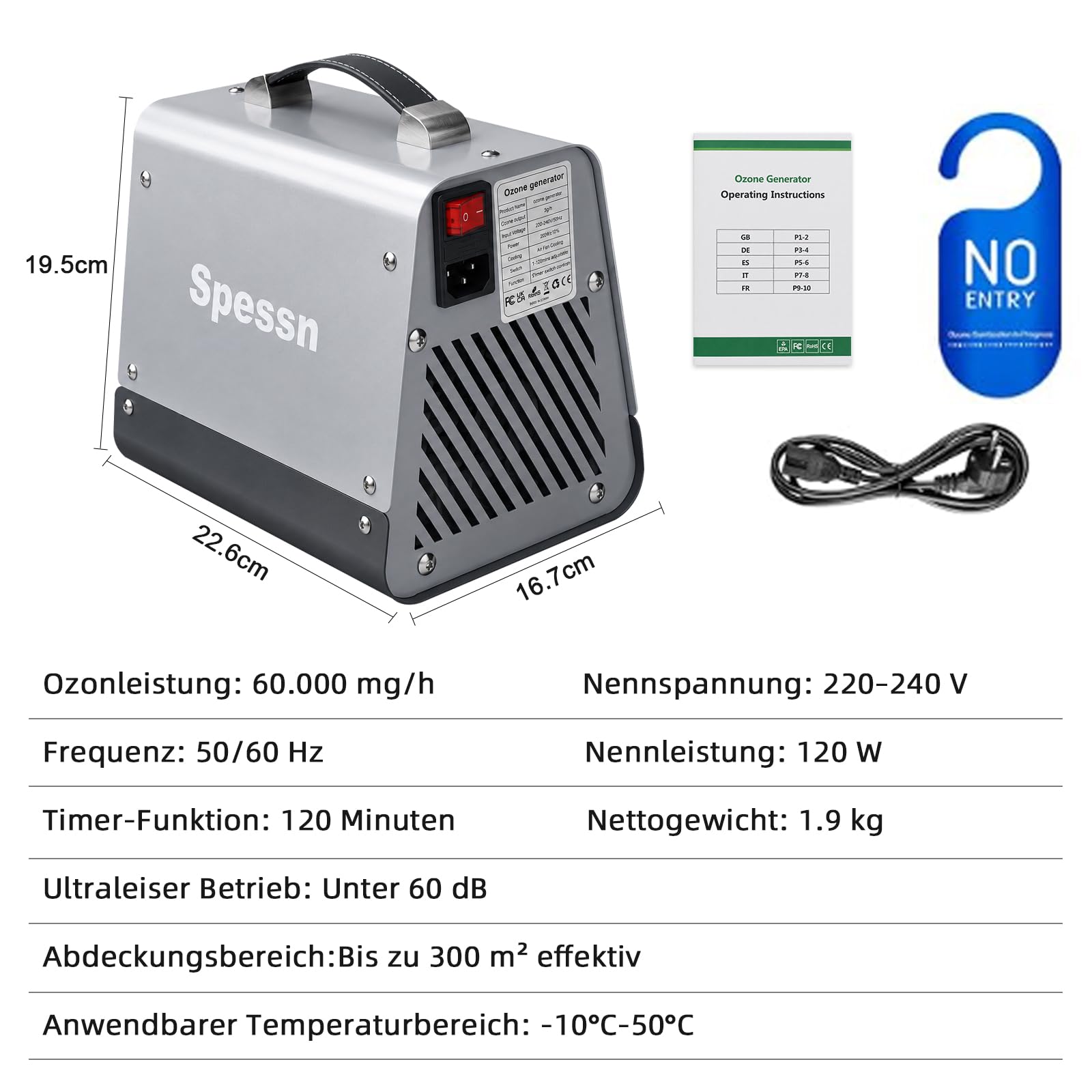 Generador de ozono 60.000 mg/h con temporizador de 120 min, para