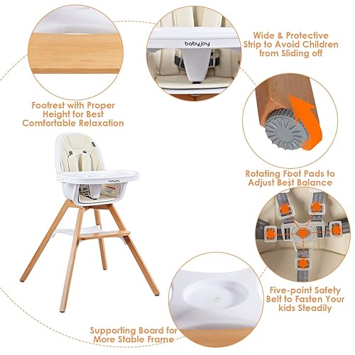 Miniatura 6 de BABY JOY Silla alta 3 en 1, silla alta convertible Baby Eat & Grow de madera, silla mecedora, asiento elevador, sillas de comedor para bebés con