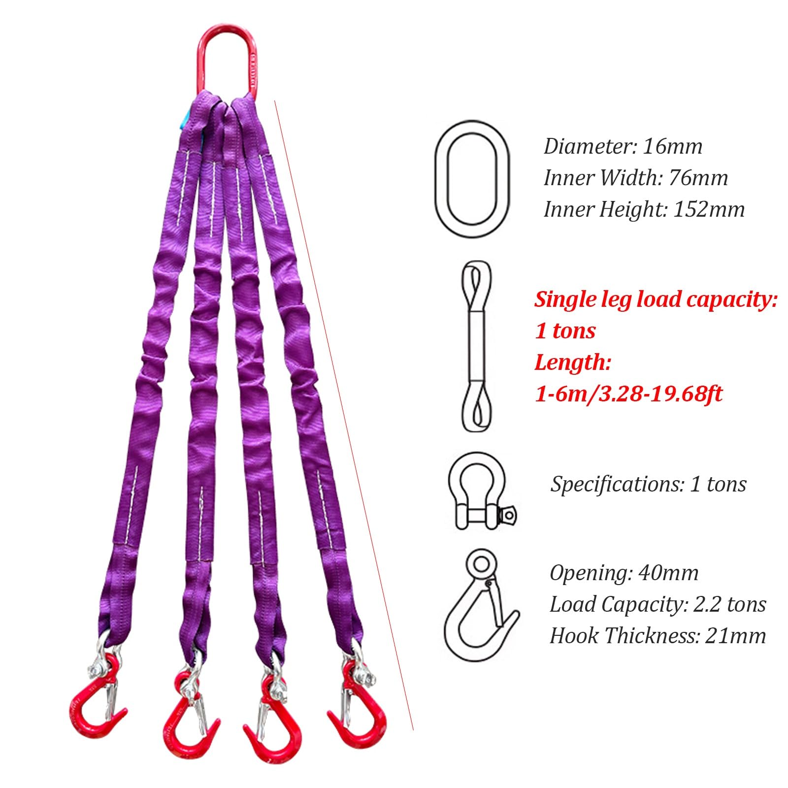 Cinghia di sollevamento a 4 bracci da 2 tonnellate con ganci, cinghia di sollevamento per carichi pesanti, cinghia di sollevamento in poliestere, per gru, carrelli elevatori(3m)