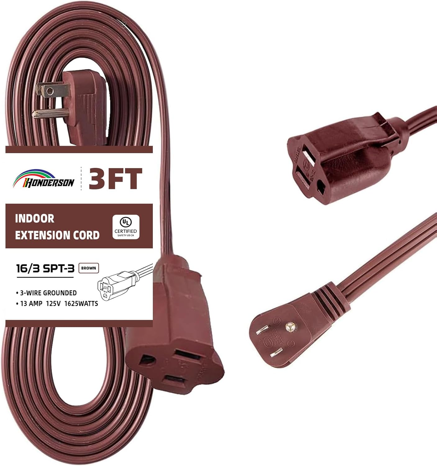 Flat Plug Extension Cord, UL Certified, Indoor Extension Cord 16 Gauge 3FT Brown, 16/3 SPT-3 13A 3 Prong Grounded Power Cord for Home, Office
