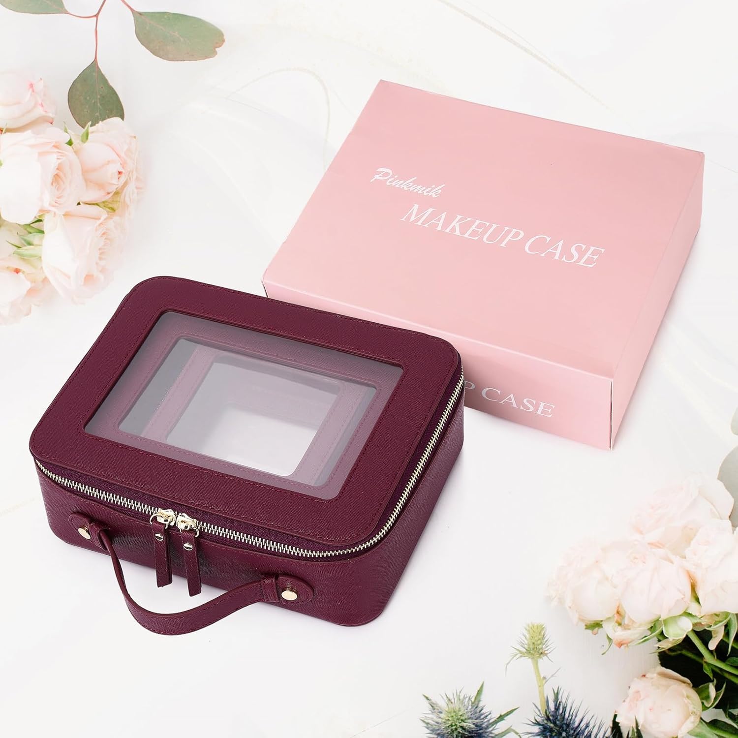 Pinkmik Clear Makeup Bag Waterproof Travel Case for Cosmetics and Toiletries Women's Purse Organizer and Clear Car Bag with Zipper (X/Burgundy, L+M+MINI) - Image 7