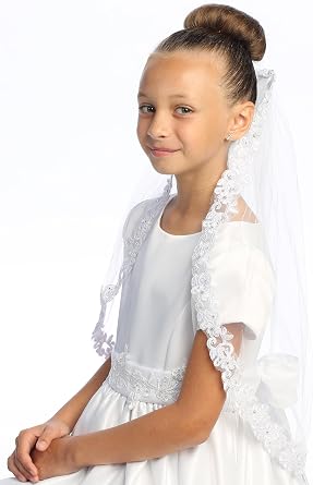 Swea Pea & Lilli Girls First Communion Veil - White Holy 1st Communion Headpiece with Comb, Corded Lace Trim, and Rhinestone Accents