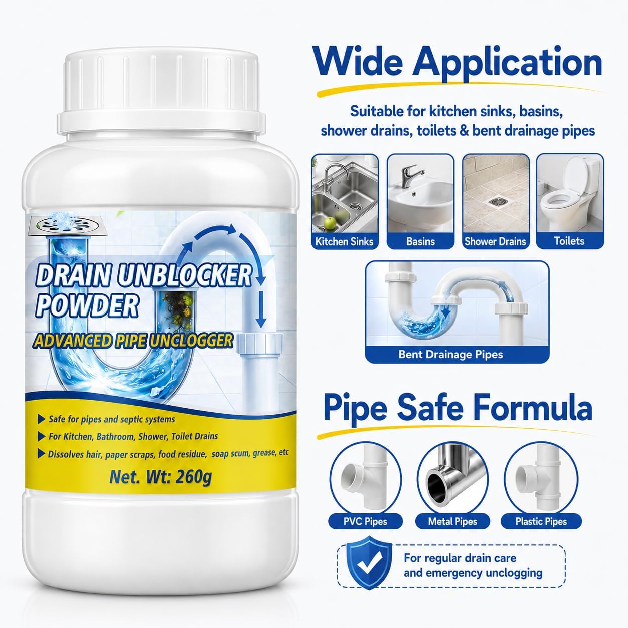 Powerful Drain Clog Remover Powder, 260g Upgraded Pipeline Dredging Agent & Drain Cleaner, Fast-Acting Sink Unclogger for Hair, Grease, Food Waste, Paper Scraps & Soap Scum, for Sink, Shower, Toilet