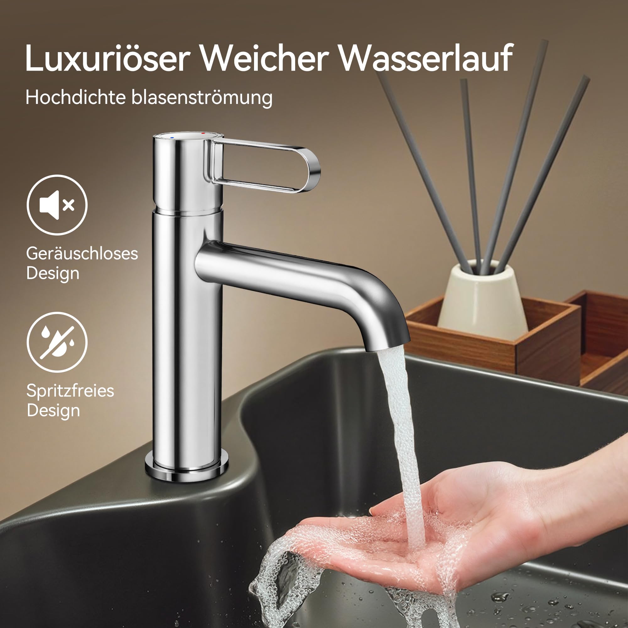 ALPHA HOME Grifo mezclador para baño con función de ahorro de agua, monomando con manguera de conexión de 60 cm, para invitados, baño, cromado