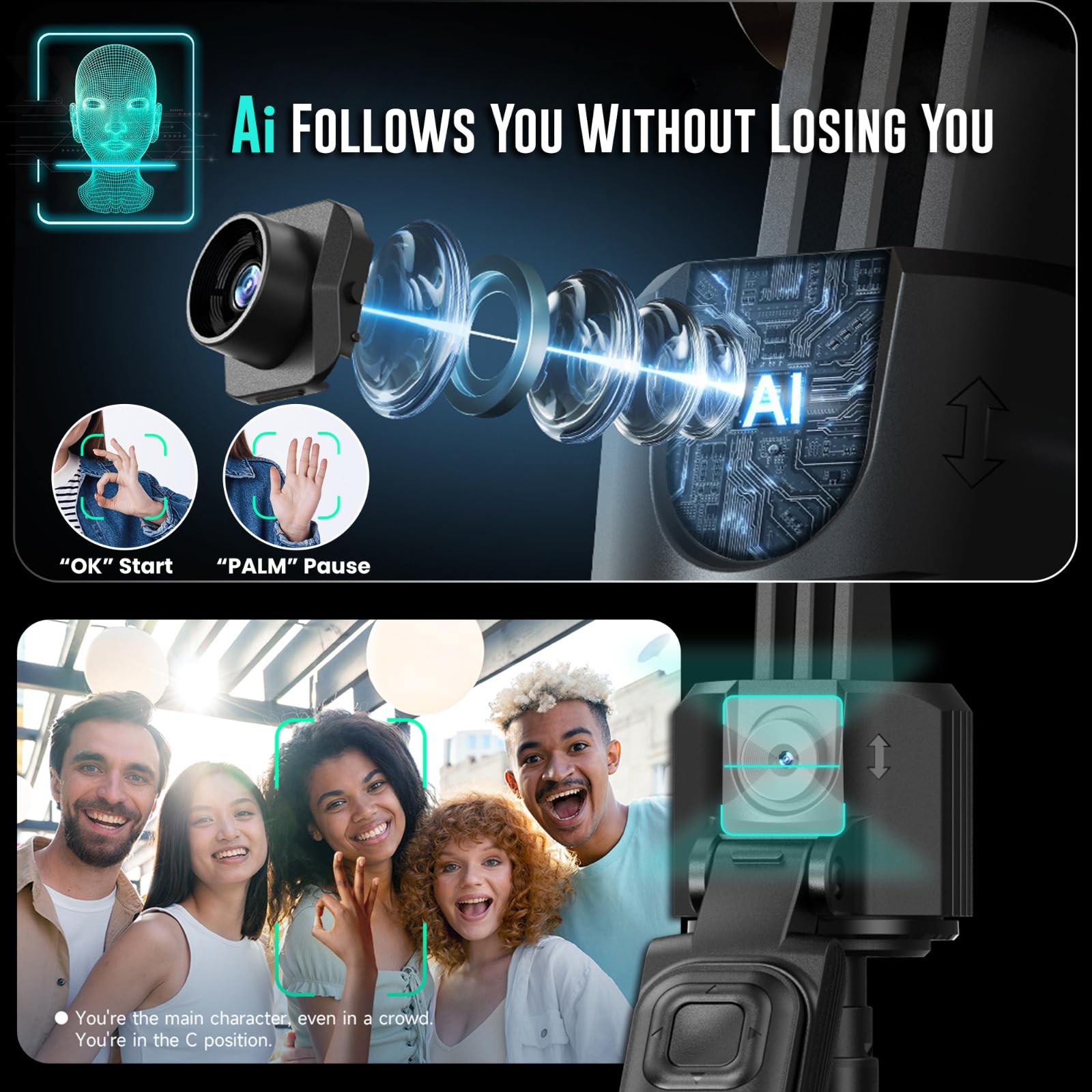 WeCool S8 AI-Powered Selfie Stick for Mobile, Auto Face Tracking Tripod with 360° Auto Rotating Selfie Stick, 64-inch/163 cm Long Aluminum Extension for Mobile & Camera with Quad-Leg Stability. 2