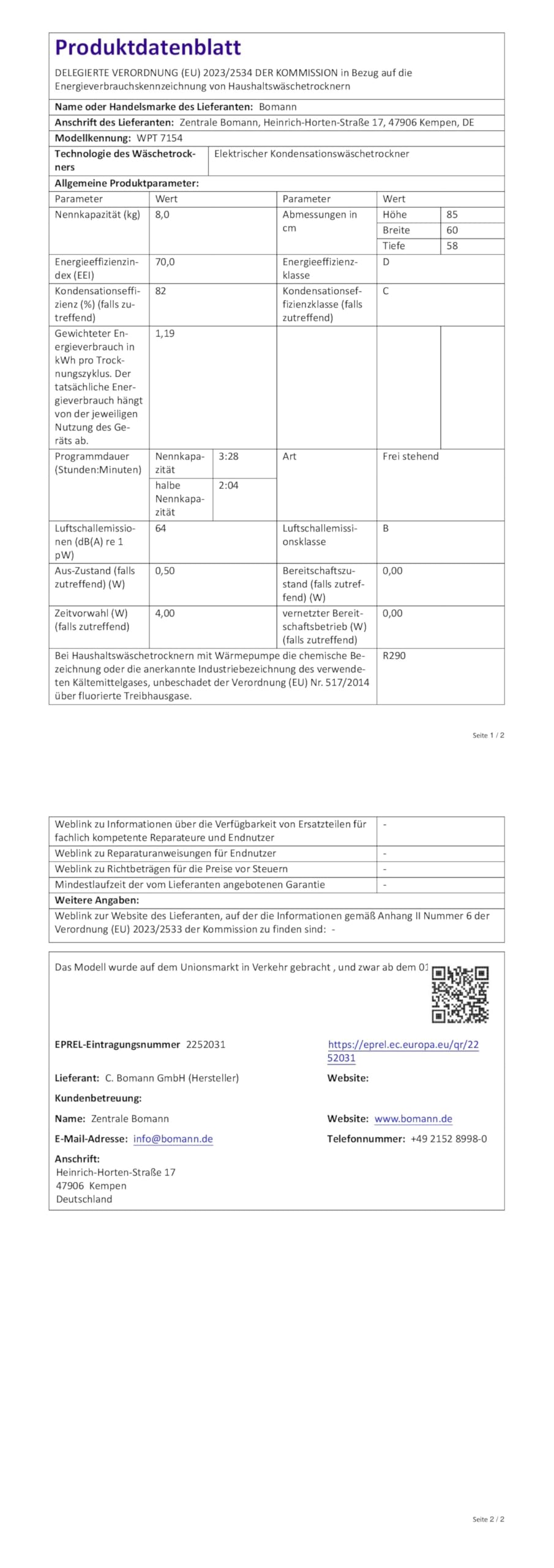 Bomann® Wärmepumpentrockner 8kg | kein Wasseranschluss nötig | Trockner m. Antiknitterfunktion | Wäschetrockner 15 Programme | Kondenstrockner | umweltfreundliches Kühlmittel R290 | WPT 7154 weiß