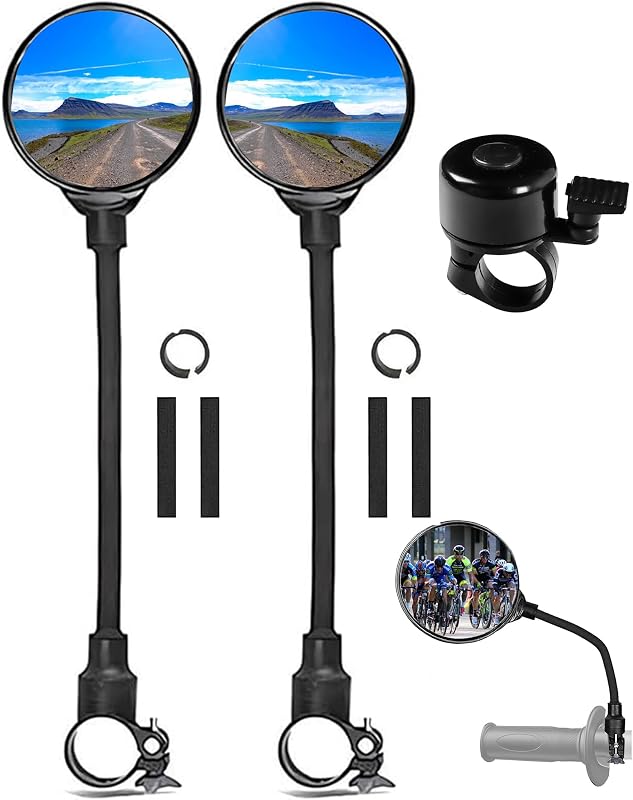 Bike Mirror With Bike Bell 360° Adjustable HD Convex Handlebar Mirror Anti-Scratch Riding Mirrors (2* Mirror + 1* Bell)