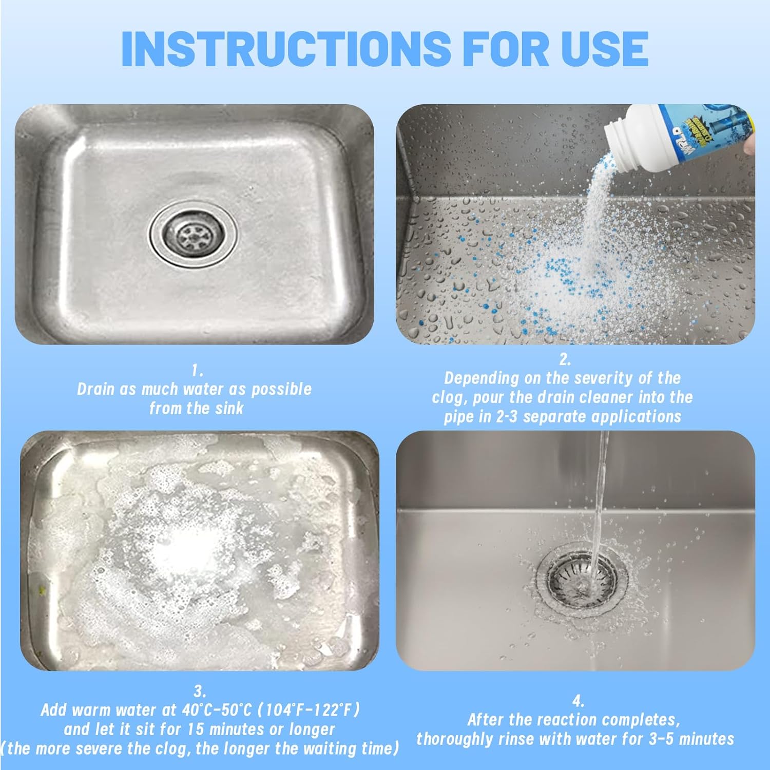 Drain Cleaner Powder, Wild Tornado Sink and Drain Cleaner, Powerful Pipeline Dredging Agent, Kitchen Unblocker, Cleaner Powder for Kitchen Toilet (6Pcs) - Image 6