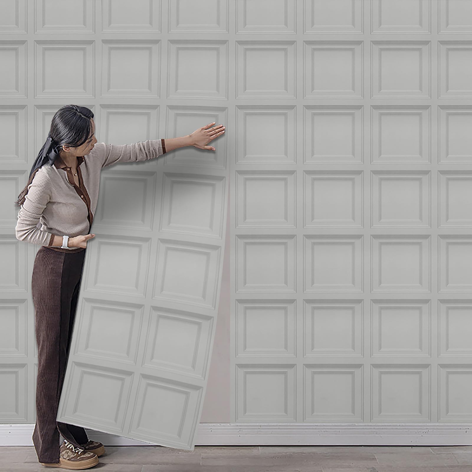Anttyscar Grey Panel Wallpaper 3D Effect Textured Wood Panel Wallpaper Square Panelled Wallcovering for Living Room Bedroom Feature Wall