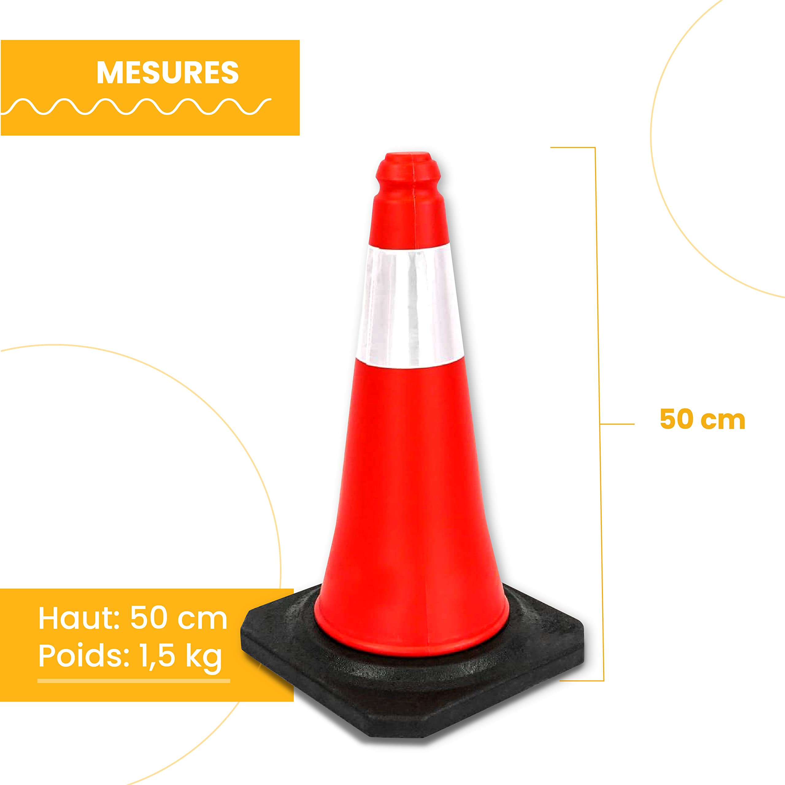 PARKING FACIL | Cônes De Signalisation 50 cm | Cône De Signalisation Avec Base En Caoutchouc Et Bande Réfléchissante | Éléments De Sécurité Routière | Taille : 50cm | 1 Unité